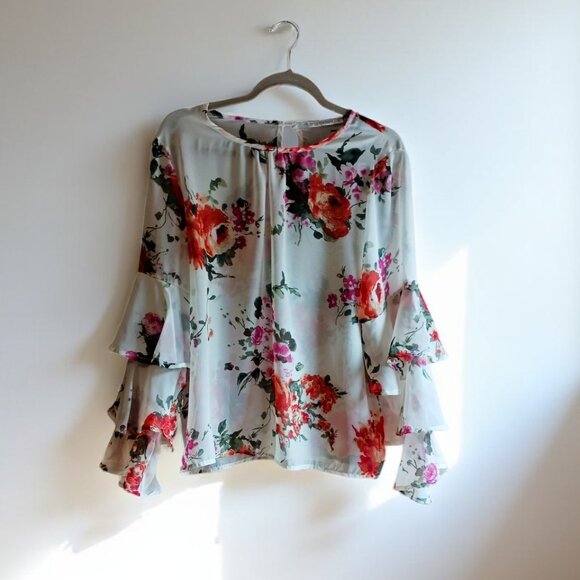 PRETTY ruffled long sleeve blouse layered flowers MADE CANADA NEARLY NEW SZ XL - Picture 1 of 9